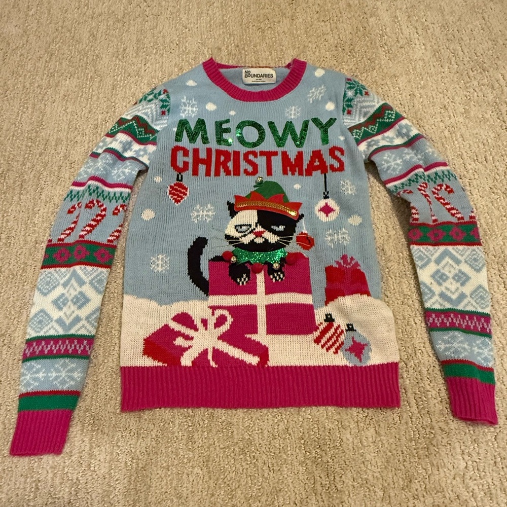 Juniors Meowy Christmas Cat‎ Sweater - Multicolor New with Tags XXS